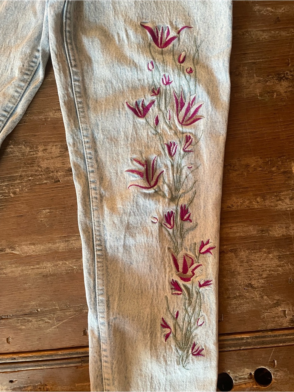 High-Rise Vintage 80’s Acid Wash Jeans with Pink Floral Embroidery - Picture 2 of 9